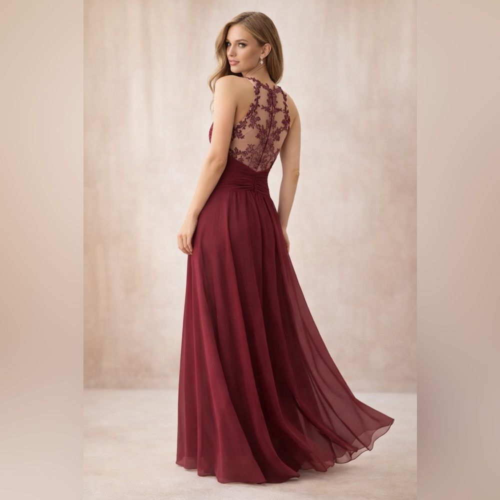 JJsHouse Burgundy Lace Back Formal Gown Illusion Embroidered Maxi Dress Small
